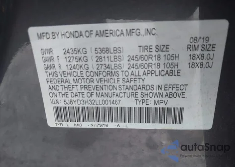 2020 Acura Mdx Standard from USA, damaged, VIN 5J8YD3H32LL001467